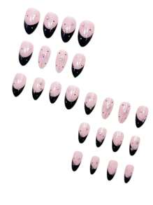 Juego de 24 uñas postizas negras con diseño de punta francesa de almendra con cristales de rhinestone 3D y brillo, ajuste perfecto para uñas acrílicas medianas. Contiene 1 pegamento de gel y 1 lima de uñas. Uñas de arte de punta francesa fáciles de llevar para uso diario de mujeres y niñas, y para fiestas rave.