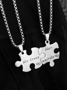 2pcs Stainless Steel Creative Geometric Puzzle Pendant Necklaces For Couples, "Her Weirdo, His Crazy" Letter Design Jewelry Sets, Gift For Christmas, New Year, Valentine's Day,Mom,Mother,Mother's Day,Gift - Multicolor - View 11