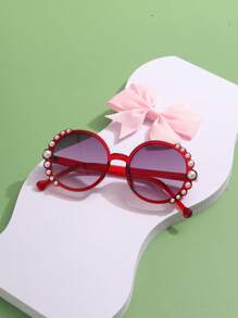 1 Set Kids' Pearl Oval Fashionable Glasses & 1 Pc Bow Hair Clip