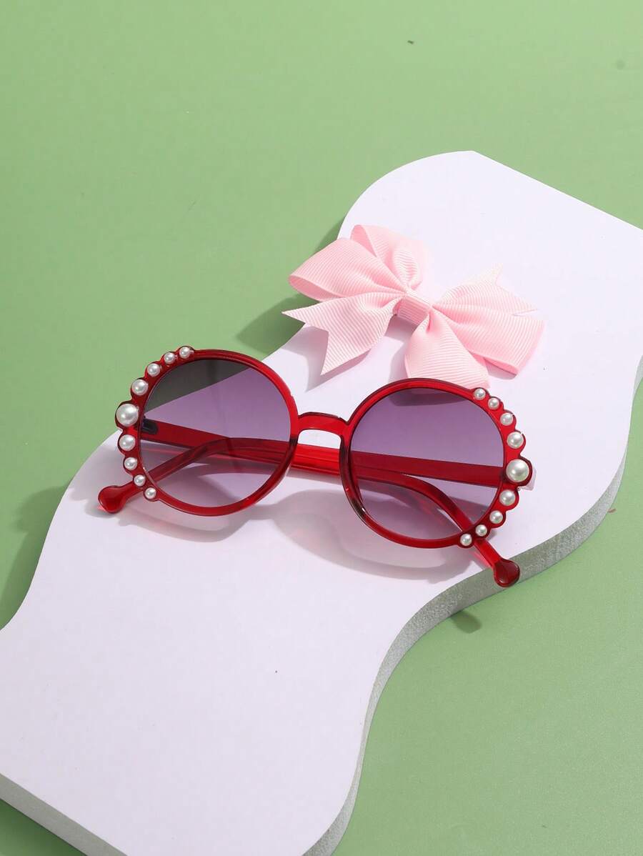 1 Set Kids' Pearl Oval Fashionable Glasses & 1 Pc Bow Hair Clip
