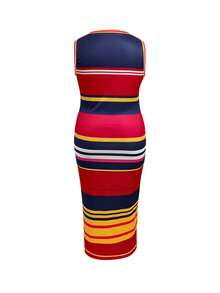 大码女装时尚撞色休闲无袖修身中长连衣裙，优雅夏季款 - 紅色 - 查看 3