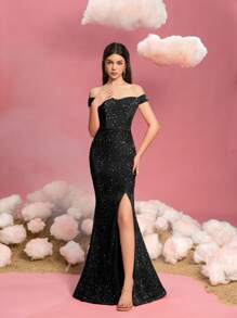 Vestido de noche de gala para adolescentes con hombros descubiertos, corte sirena con abertura alta y cola hasta el suelo - Vestido de fiesta formal sofisticado para adolescentes para galas, bailes de graduación, recepciones de boda, eventos de alfombra roja y cenas de etiqueta - Negro - Ver 5