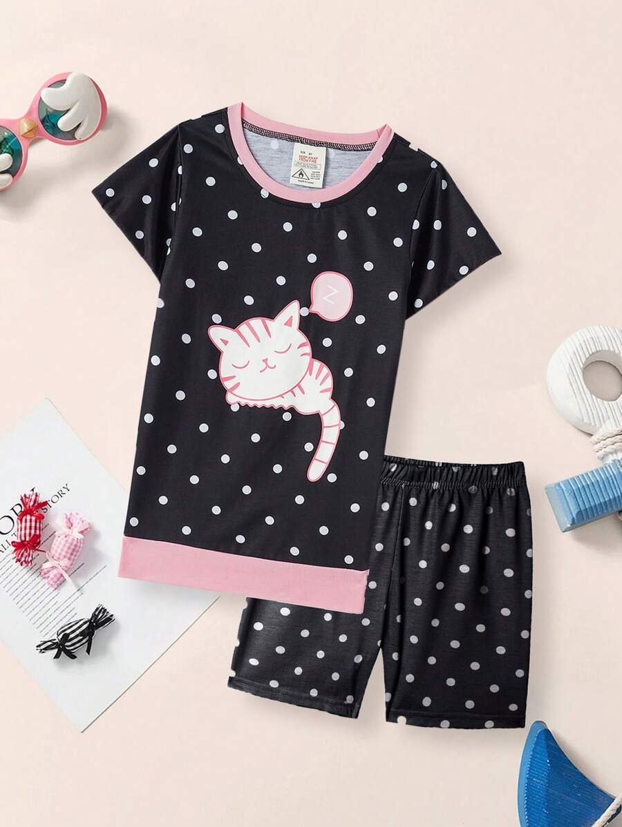 2pcs/Set Girls Snug Fit Pajamas Set, Crew Neck Cute Sleeping Cat Print Short Sleeve & Shorts, Comfortable Casual Sleepwear Suit For Summer - Black - View 1