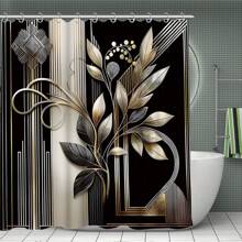 4pcs Plant Line Pattern Shower Curtain Set, Noble Elegant Shower Curtain Set, Aesthetic Art Shower Curtain Set, Modern Personalized Shower Curtain Set, Waterproof Fabric Shower Curtain Set With 12 Hooks, Non-Slip Bathroom Carpet, U-Shaped Toilet Mat, Toilet Seat Mat, Bathroom Decoration Fall Decor Bathroom Accessories Back To School - Multicolor - View 2