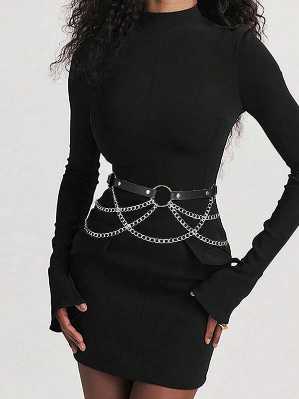 1 Piece Women's Fashion PU Leather Belt Gothic Chain Halter Dress With Holiday Carnival Outfit