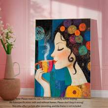 1 pieza, Pintura colgante de lienzo, Pintura decorativa enmarcada, Póster, Arte de pared, Pintura de lienzo abstracta de una chica del café, Estilo de arte decorativo moderno, Listo para colgar en la sala de estar, dormitorio, oficina en casa, decoración de aula