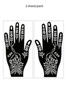 2 fogli di stencil all'henné, con disegni di luna, stelle e motivi a pois, stencil per tatuaggi temporanei per mani e piedi, modelli di mehndi con motivi traforati per il body painting delle donne, adatti per matrimoni e festival - Multicolore - Visualizzare 10
