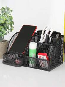 1 件式办公桌抽屉整理器，经典网格设计，金属笔筒，大空间，多功能办公桌收纳盒，适用于办公室、家庭、学校用品黑色