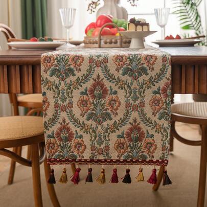 Cirelle 자카드 플로럴 패턴 태슬 테이블 러너 프린지 장식, 주방 식탁 장식, 가족 모임을 위한 홈 데코레이션