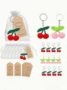 30 Stück/15 Stück Kirsche Schlüsselanhänger mit Danke Karten als Party Favors Set, enthält 5 handgemachte Kirsche Schlüsselanhänger aus Wollfilz, 5 braune Dankeschön-Anhänger und 5 weiße Zugbeutel, geeignet für Geburtstag, Hochzeit, Neujahr, Muttertag, Taufe und Obst-Themen Party, kleine Partygeschenke