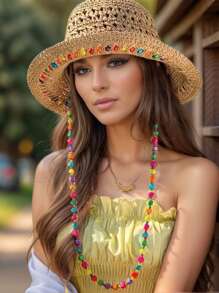 1 chiếc mũ xô đính hạt nhiều màu sắc phong cách Bohemian, mũ rộng vành chống nắng cho nữ, mũ đi biển có thể gấp gọn cho du lịch mùa hè - Nhiều màu - Xem 14