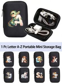 Cute Cartoon Animal Pattern Themed Alphabet A-Z Portable Mini Storage Bag, Waterproof And Shockproof Digital Pouch For Storing Initial, Name, Logo, Phone Charger, Data Cable, Zipper Storage Box, Wallet-Style Data Cable Storage Bag, Digital Pouch, Electronic Product Bag, Electronic Storage Device Data Cable Storage Bag, Wireless Earphones, Bluetooth Earphones, Suitable For Business, Travel, School, University, Office - Black - View 1