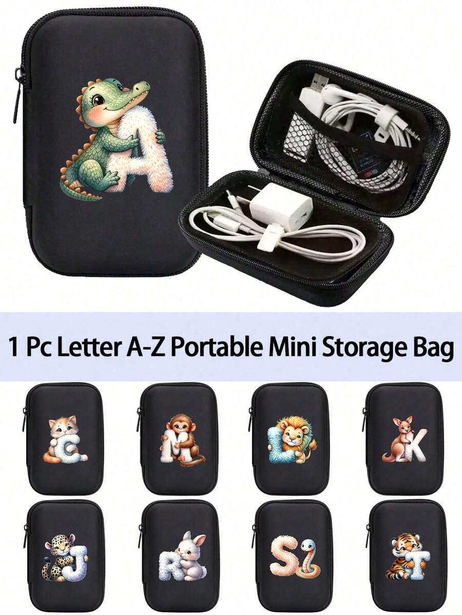 Cute Cartoon Animal Pattern Themed Alphabet A-Z Portable Mini Storage Bag, Waterproof And Shockproof Digital Pouch For Storing Initial, Name, Logo, Phone Charger, Data Cable, Zipper Storage Box, Wallet-Style Data Cable Storage Bag, Digital Pouch, Electronic Product Bag, Electronic Storage Device Data Cable Storage Bag, Wireless Earphones, Bluetooth Earphones, Suitable For Business, Travel, School, University, Office - Black - View 1