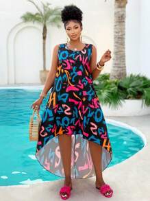 Vestido casual suelto de talla grande para mujer con estampado de letras en la parte delantera y la parte trasera larga, nuevo para el verano