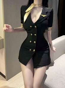 1 件性感女警官连衣裙角色扮演服装，适合派对、空姐、秘书、讲师角色 - 黑色 - 查看 12