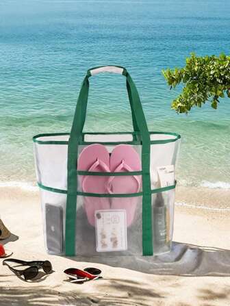 1 件大号网状沙滩包 - 防沙游泳手提包，超大尺寸，适合家庭使用，可折叠轻便泳池船包，带额外口袋，可放置玩具和度假海滩巡航必需品，书包，大容量，防水，便携，可折叠，适合青少年女孩、女士、大学生、教师、男孩和男士，非常适合办公室、大学、小学、中学、高中、工作、商务、通勤、户外、旅行、郊游、体育场、运动、购物、度假、海滩