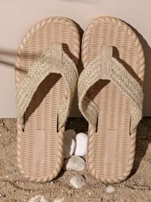 1 双夏季新款度假风格编织亚麻人字拖，时尚沙滩凉鞋，适合室内和室外穿着 - 卡其色 - 查看 5