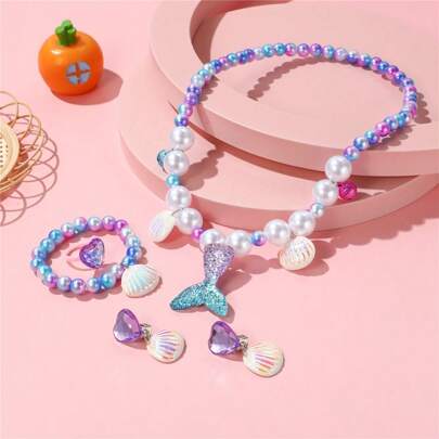 1Set Mermaid Tail Pearl Pendant Necklace, Bracelet, Ring And Earrings Set,Perfect For Mermaid Parties & Costumes! Mermaid Party Theme Small Gifts,Party Small Gifts