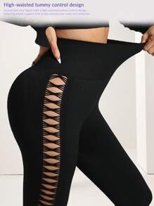 2PCS Women's Both Sides Hollowed Out Sexy Raglan Sleeve Top And Pants Set, Suitable Running, Yoga, Gym For Summer - Black - View 6