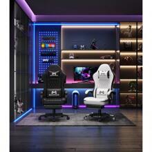 Gaming Chair With Footrest Ergonomic Computer Chair With Lumbar Support With 4D Foam Sports Seat Cushion Breathable Leather Material Height Adjustable Adult Office Chair White