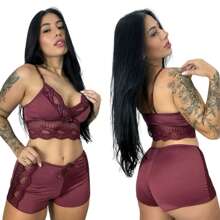 Women's Babydoll With Lace Details In Nightwear Short Pajamas - 酒紅色 - 查看 4