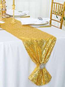 1 件亮片桌布，金色亮片桌旗，长桌旗，闪亮织物滑轨，用于圆形/矩形桌面装饰，适用于圣诞节、餐桌布置、招待会、婚礼、生日派对、万圣节装饰、节日派对，黑色闪光桌旗 - 金色 - 查看 2