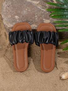 女童平底时尚一脚蹬沙滩凉鞋，适合夏季户外穿着 - 黑色 - 查看 2