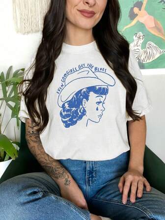 Loose Women Round Neck Short Sleeve Shirt, Comfortable Color Blouse, Fashionable Cowgirl Style, Vintage Western Style, Suitable For All Ages, Everyday, Casual, And Gatherings