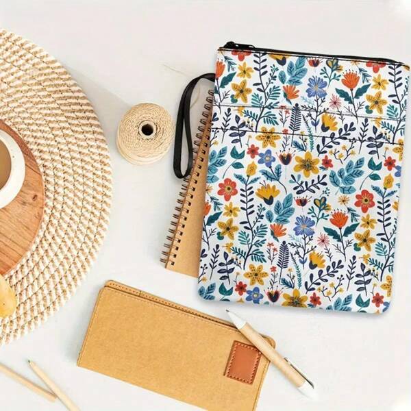 Watercolor Floral Pattern Book Cover With Zipper - Polyester, Beautiful Floral Print, Perfect Gift For Bookworms - Essential For Everyday Office Use