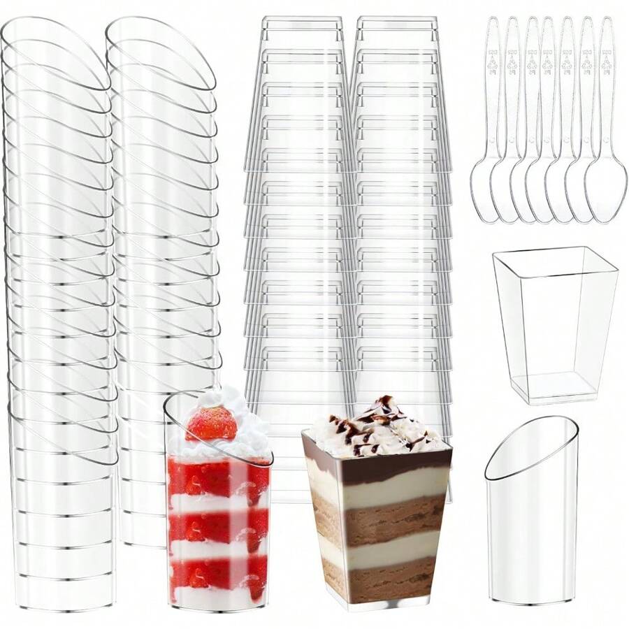 Mwellewm 150 Packs Mini Dessert Cups With Spoons, Clear Plastic Dessert Parfait Cups For Parties, Dessert Shooters Fruit Ice Cream Pudding Appetizer Cups (Oval, Square,3oz, 5oz) - Oval, Square - View 1