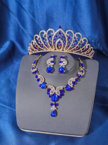 4 件优雅奢华水钻女王水晶皇冠项链耳环发饰套装，新娘婚礼头饰，女士公主舞会派对头饰