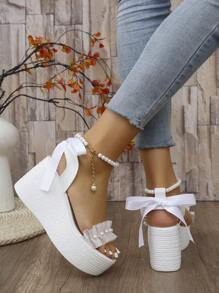 Women's Thick Sole Pearl & Bow Decor Platform Sandals, Waterproof Casual Beach Party Shoes