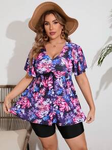 VETACATS Women Plus Size Tankini Set, Floral Print Sporty Swimsuit With Front Drawstring, Ruffle Trim, V-Neck, Stretchy Tank Top And Shorts, 2 Pcs