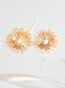 1 对时尚多层空心花朵仿珍珠耳环，适合女性日常、派对和服装搭配 - 金色 - 查看 3