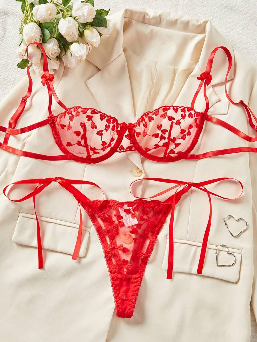 Sexy 2pcs Women Red Heart Embroidery See-Through Lingerie Set, Seductive, Intimate Nightclub Party & Valentine's Date, Rave - Red - View 1