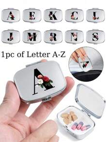 红花黑色字母图案方形药盒，2 个便携式药丸储存隔层，迷你金属储物盒，便携式珠宝和药丸盒，带有姓名标识的个性化创意礼物，适合旅行、户外活动、包袋、口袋，用于婚礼礼物、礼品和招待会装饰，独特设计的装饰性旅行收纳盒（首字母 A-Z） - 銀色 - 查看 12