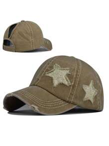 1pc Women Embroidered Five-Pointed Star Washed Ponytail Ripped Baseball Cap, Adjustable Outdoor Sun Hat Suitable For Spring, Autumn, Travel, Beach, Vacation, Also Fits Men, Y2K Style