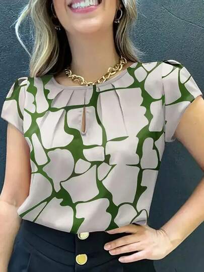 Women's Casual Printed Blouse, Round Neck Short Sleeve Loose Fit With Pleated Bust Detail, Suitable For Weekend Casual Wear