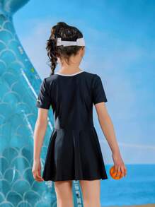 2-In-1 Girls Sports Romper With Letter Print, Solid Color Placement Print Short Sleeve, Brief Lining,Elastic, Breathable, Slimming Design, Suitable For Spring/Summer, Beach, Party, Swimming, Surfing, And Sun Protection