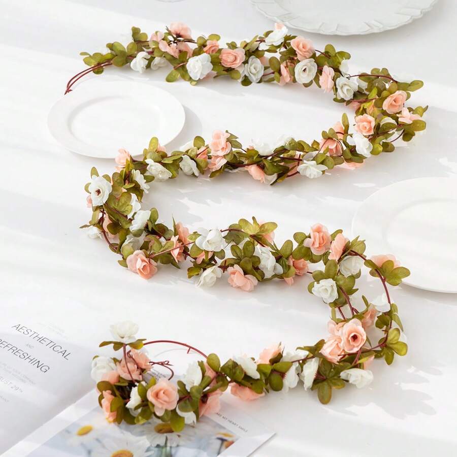 1 件/3 件丝绸玫瑰藤人造花假绿叶植物情人节新娘花束春秋季装饰婚礼花瓶适用于家庭、餐厅、卧室、厨房、房间装饰、节日生日派对配件、户外花园装饰