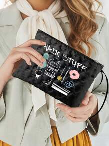 Hair Accessory Organizer Bag For Women With Positioning Printing – Unscented, Multifunctional Cosmetic Pouch For Scrunchies, Clips, Headbands – Ideal For Travel, Bridal Party & Bridesmaids Gifts Makeup Bag Makeup Organizer Makeup Storage Portable Handheld Toiletry Bag,Fashionable Simple Style,Friendship Gifts Makeup Bag - Black - View 4