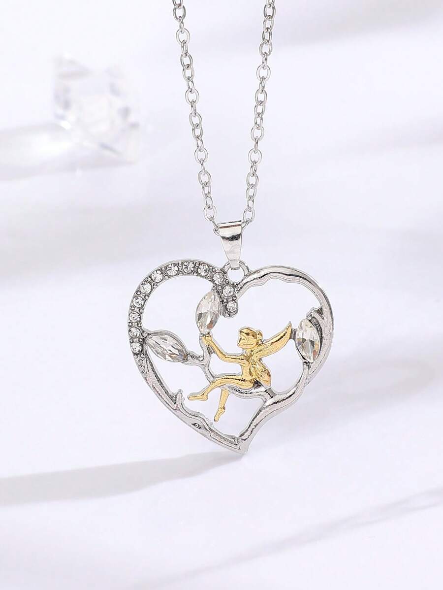 1pc Creative Unique & Elegant Heart Shaped Branch Artificial Crystal Angel Pendant Necklace For Women - Silver - View 1