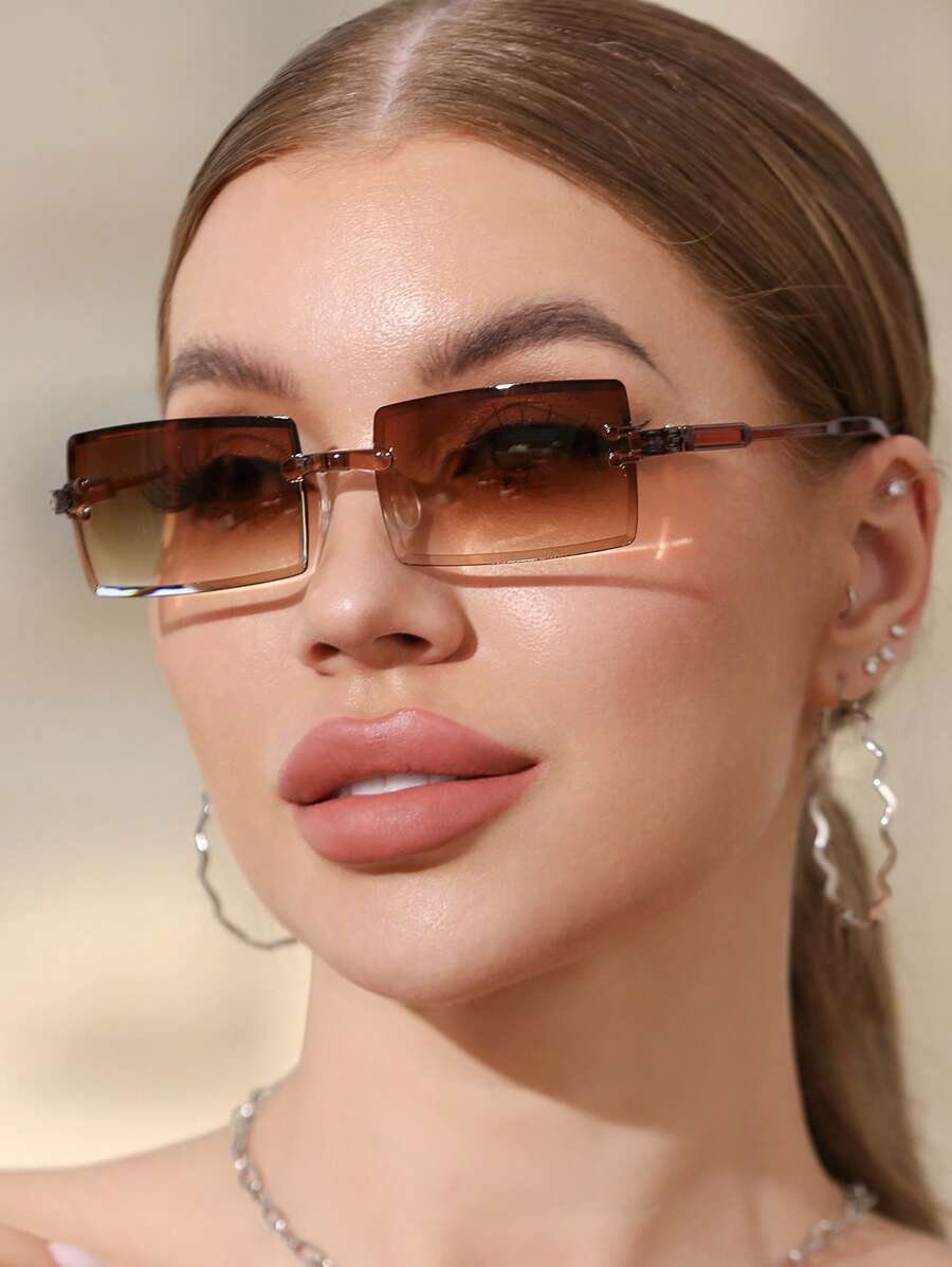 1 Pair Unisex Frameless Rectangular Fashionable Sunglasses, Suitable For Vacation, Driving, Sports, Travel, Beach, Street, Fishing, UV Protection, Outdoor Activities, Golf, Festivals, Hiking, Street Style, Party, Sun Protection Fashionable Shade Elegant Outfit Family Outings Travel Vacation Holiday - 彩色 - 查看 1