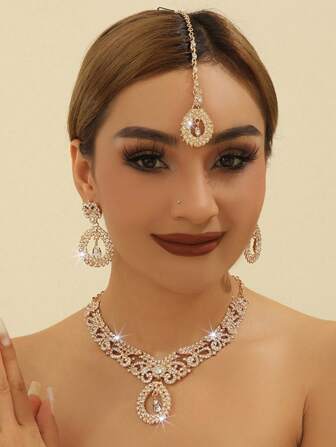 4 件套奢华优雅水晶首饰套装，包括耳环、项链、发饰，适合迪拜新娘、婚礼派对