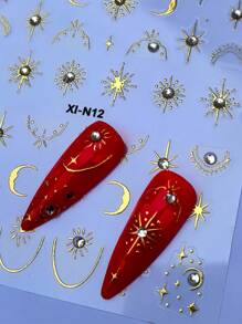 1 pieza Pegatinas de arte de uñas 5D con piedras de strass en forma de estrella/luna de lujo con láser plateado autoadhesivo, decoraciones lindas de manicura