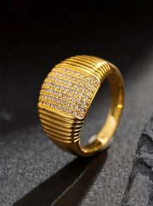 1pc Custom Fashion Cuban Link Ring, 18K Gold Plated CZ Simulated Diamond Punk Ring, Best Gift For Her And Him For Holidays - Multicolor - View 22