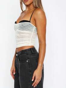 Y2k Hot Girl Floral Lace Crop Camisole Vest Tops Sleeveless Spaghetti Strap Low Cut Padded Tank Tops For Women Sexy See Through Backless Going Out Cami Tops Slim Fit Square Neck Shirt Summer Clubwear Streetwear Aesthetic Clothes - trắng - Xem 5