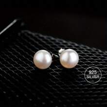 1 Pair 6-7mm Small S925 Silver Natural Freshwater Pearl Stud Earrings - Simple Elegance Flat Round - Versatile Daily Banquet Dress Stud Earrings