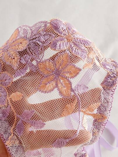 New Pieces Women BH Set, Paars Bloemen Geborduurde Mesh Underwire Slipje Verleidelijke See Through Lingerie Set Ultra Thin view 5