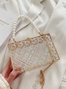 1 件全新亚克力手拿包，配人造珍珠，菱形透明链条手提包，优雅钱包和手机包，非常适合派对礼服、女士礼物，适合情人节、派对、婚礼